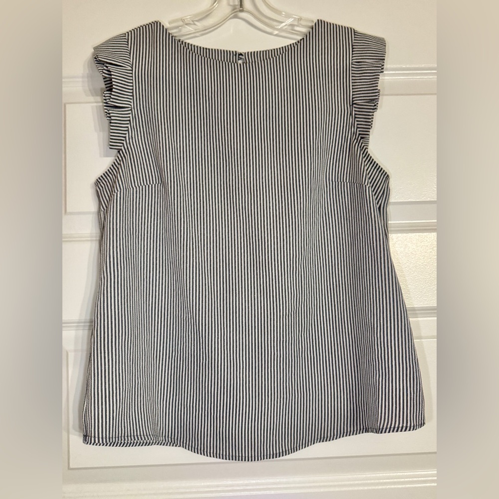 Monteau Black and White Striped Blouse with Ruffle Sleeves